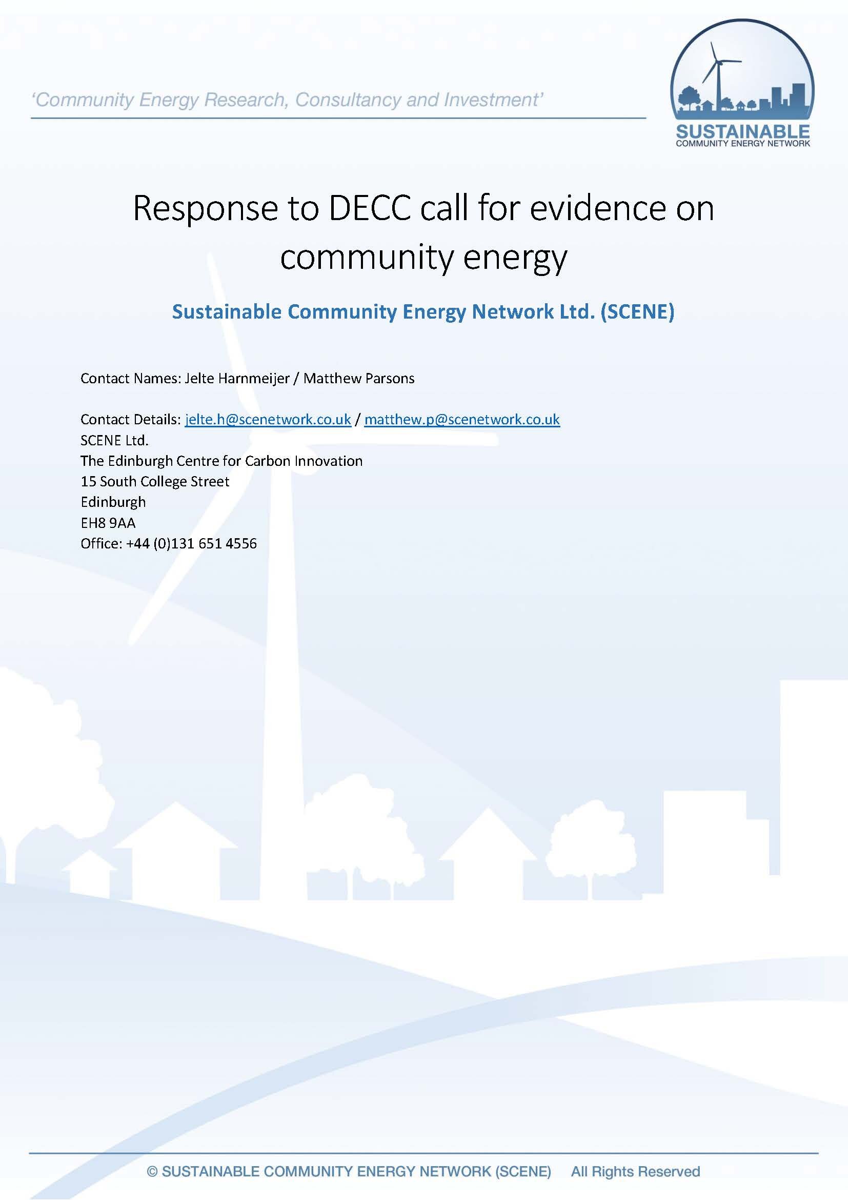 Response to Department for Energy and Climate Change Call for Evidence on Community Energy (July 2013)